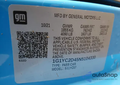 2022 Chevrolet Corvette Stingray Rwd 3Lt z USA, uszkodzony, nr VIN 1G1YC2D45N5104330